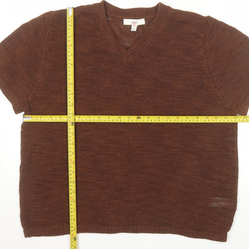 Marks and Spencer Men's Brown Cotton Blend V-Neck Short Sleeve Jumper L