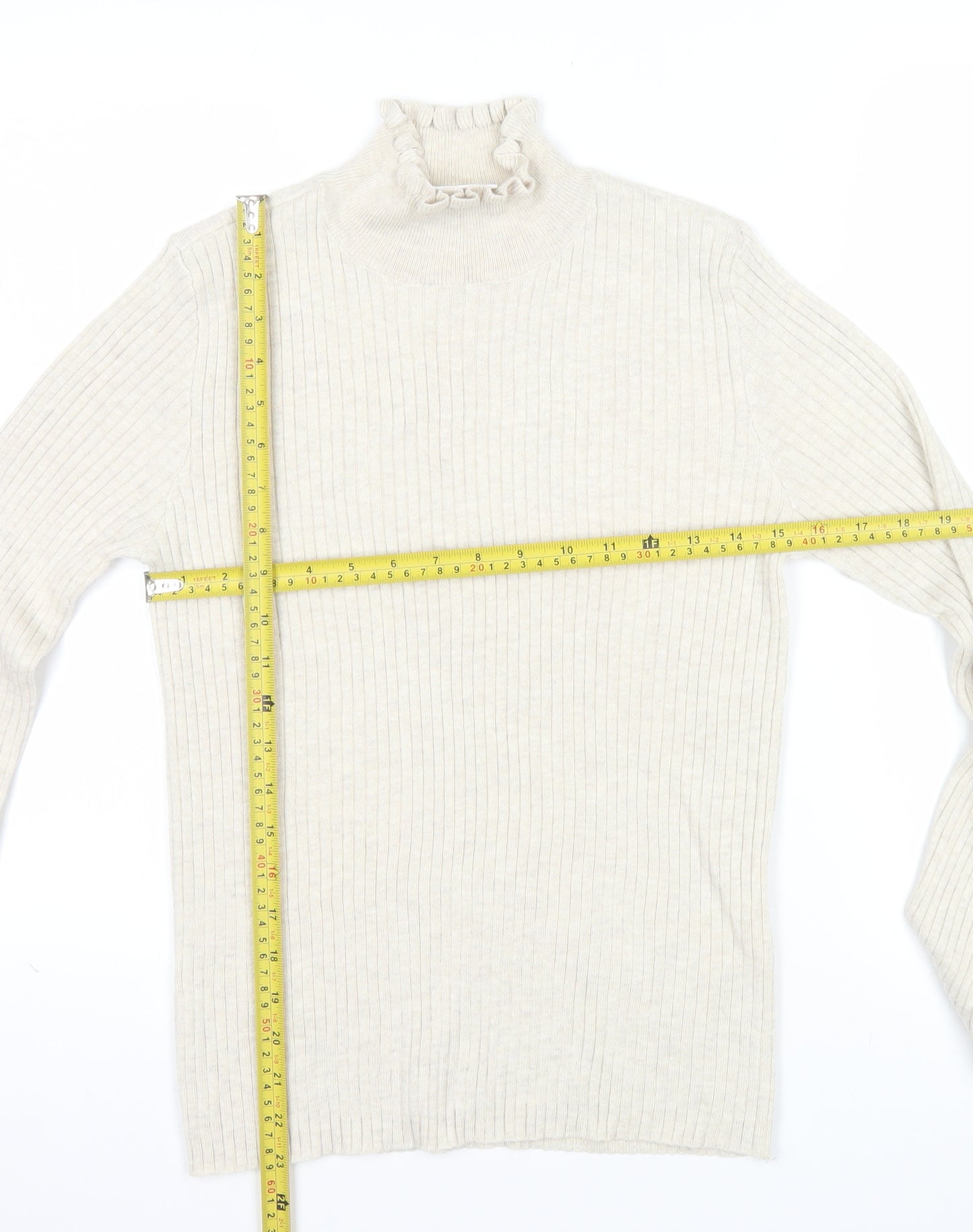 Vila Womens Beige Roll Neck Ribbed Knit Long Sleeve Top L