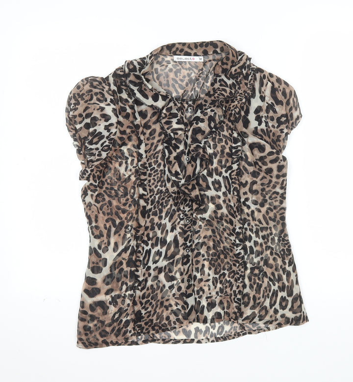 Select Womens Brown Leopard Print Chiffon Ruffle Blouse Size 12