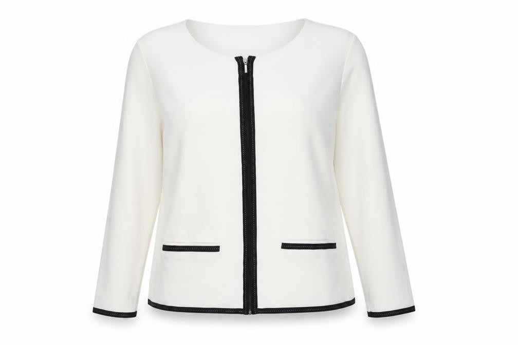 Front view of Privacy Women’s Ivory Zip Front Long Sleeve Jersey Blouse, size UK 14