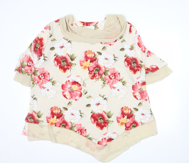 Bemark Womens Beige Floral Chiffon Tunic Blouse 2XL Short Sleeve