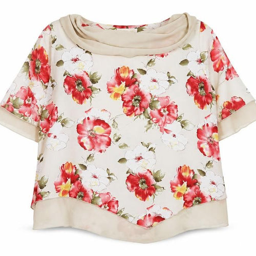 Bemark Womens Beige Floral Chiffon Tunic Blouse 2XL Short Sleeve