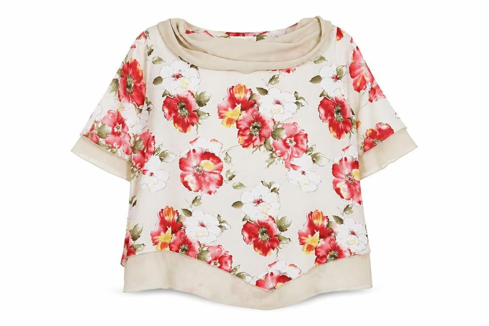 Bemark Womens Beige Floral Chiffon Tunic Blouse 2XL Short Sleeve