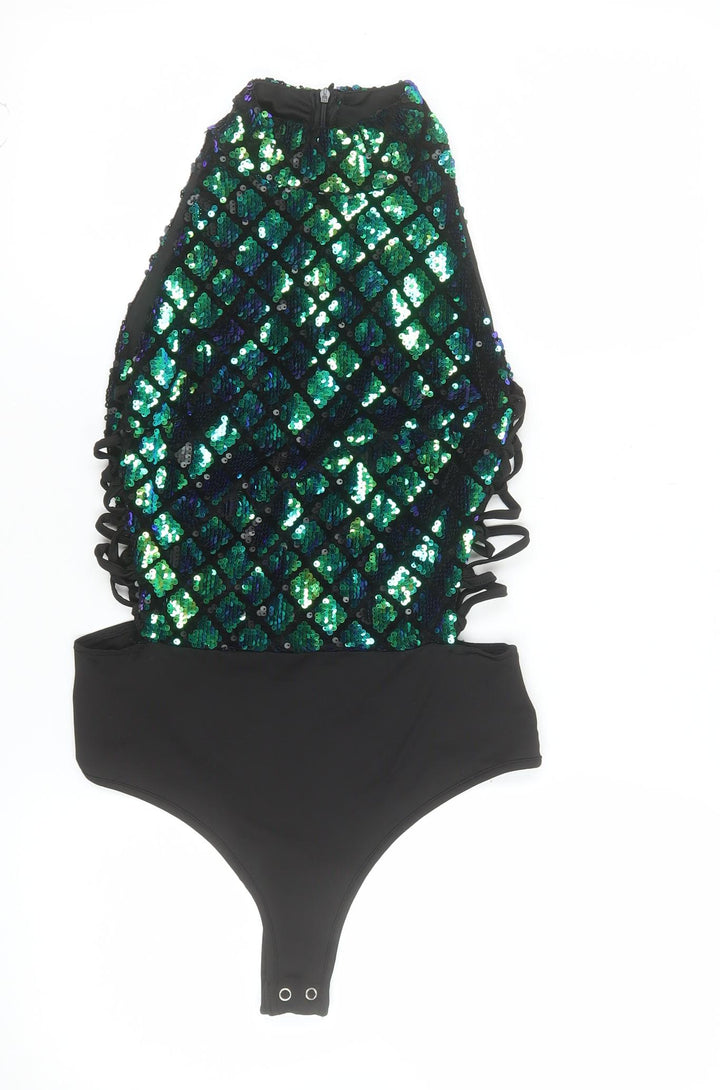 PrettyLittleThing Womens Black One Shoulder Sequin Camisole Top Size 8
