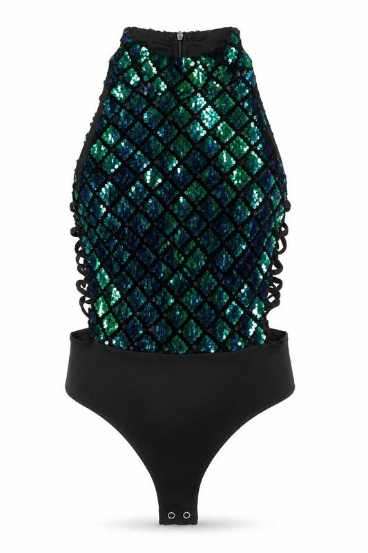 Front view of PRETTYLITTLETHING women’s black one shoulder sequin camisole top, size UK 8