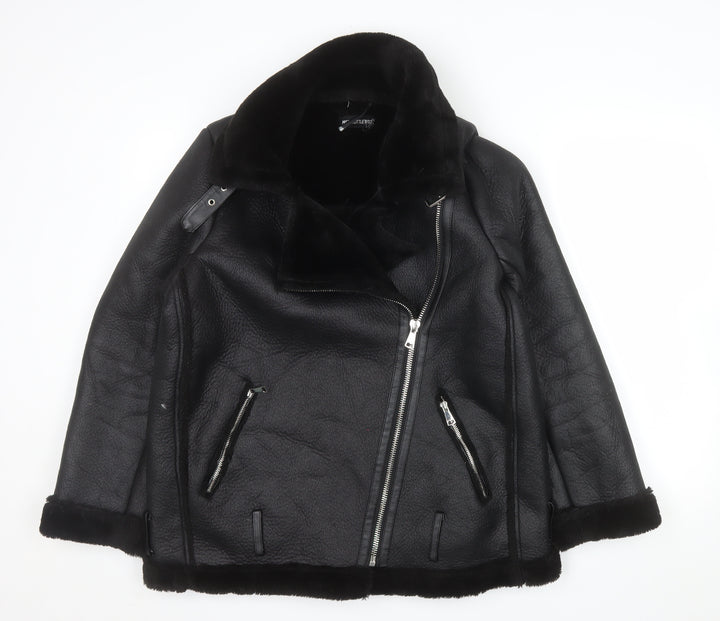 PrettyLittleThing Womens Black Faux Fur Lined Biker Jacket Size 8