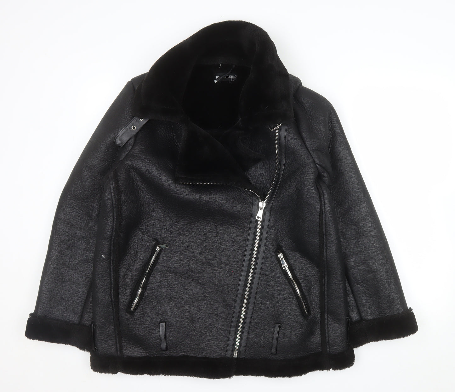 PrettyLittleThing Womens Black Faux Fur Lined Biker Jacket Size 8