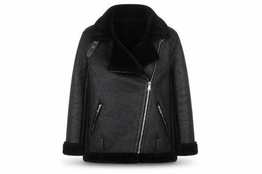 Front view of PRETTYLITTLETHING women’s black faux fur lined biker jacket, size UK 8
