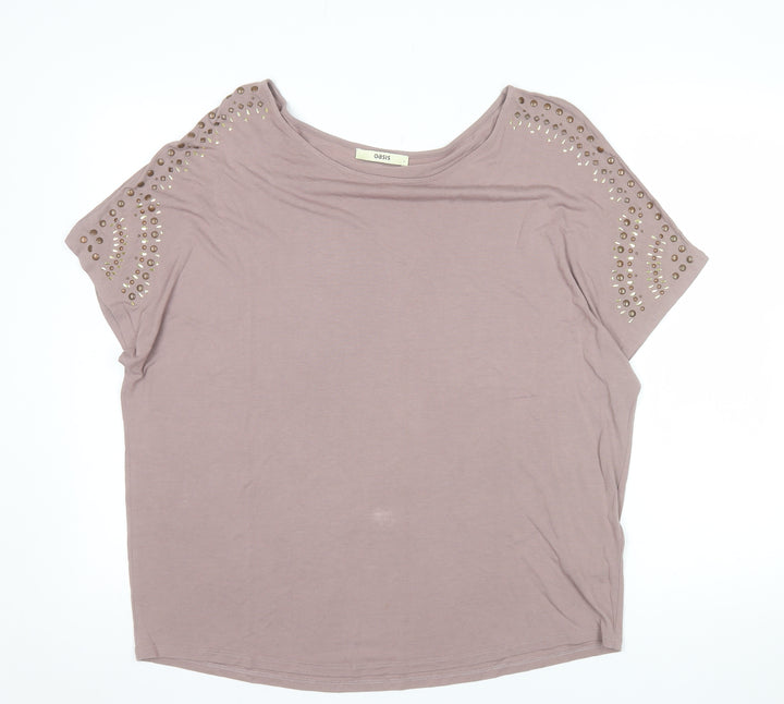 Oasis Women Brown Studded Short Sleeve Viscose T-Shirt L