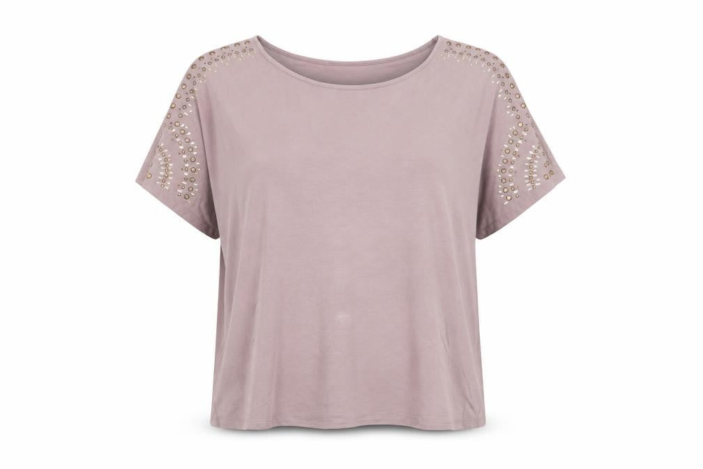 Oasis Women Brown Studded Short Sleeve Viscose T-Shirt L