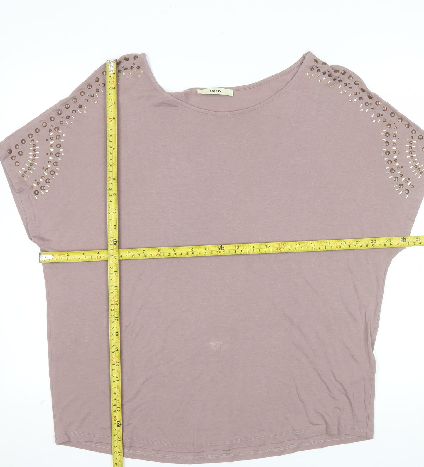 Oasis Women Brown Studded Short Sleeve Viscose T-Shirt L