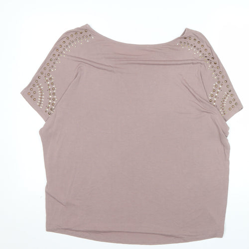 Oasis Women Brown Studded Short Sleeve Viscose T-Shirt L