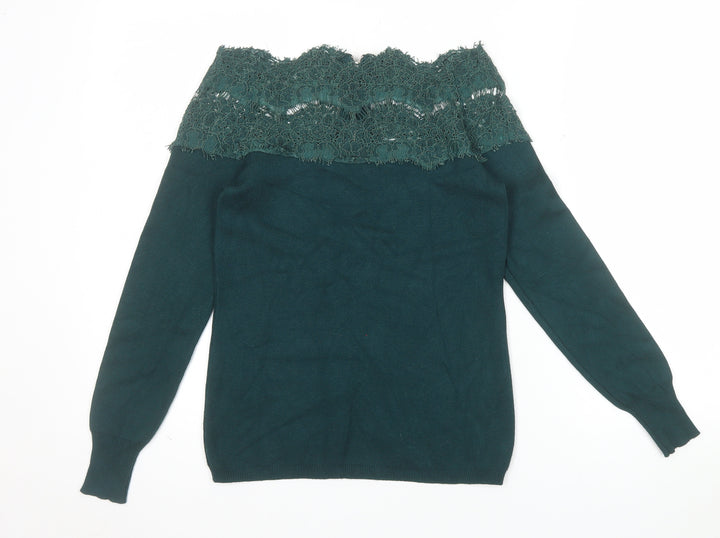 Apricot Women's Green Lace Off Shoulder Long Sleeve Tunic Blouse UK 10