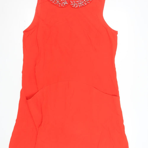 F&F Women Red Beaded Collar Sleeveless Shift Dress Size 18