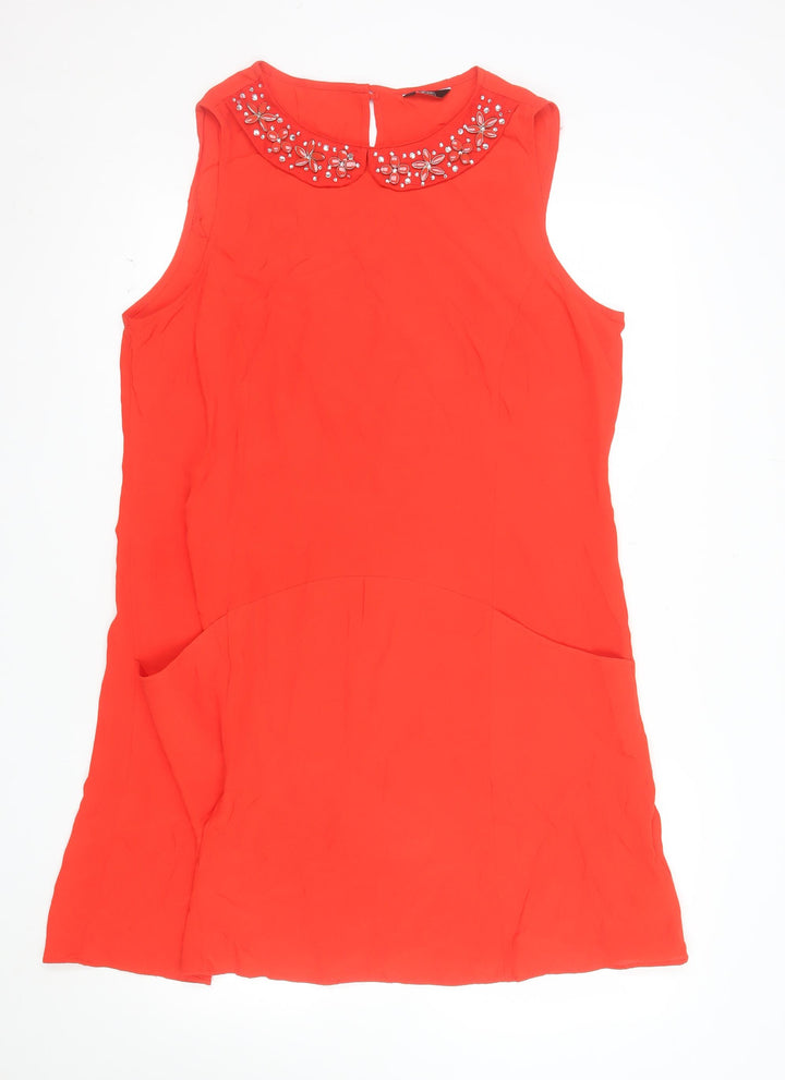 F&F Women Red Beaded Collar Sleeveless Shift Dress Size 18