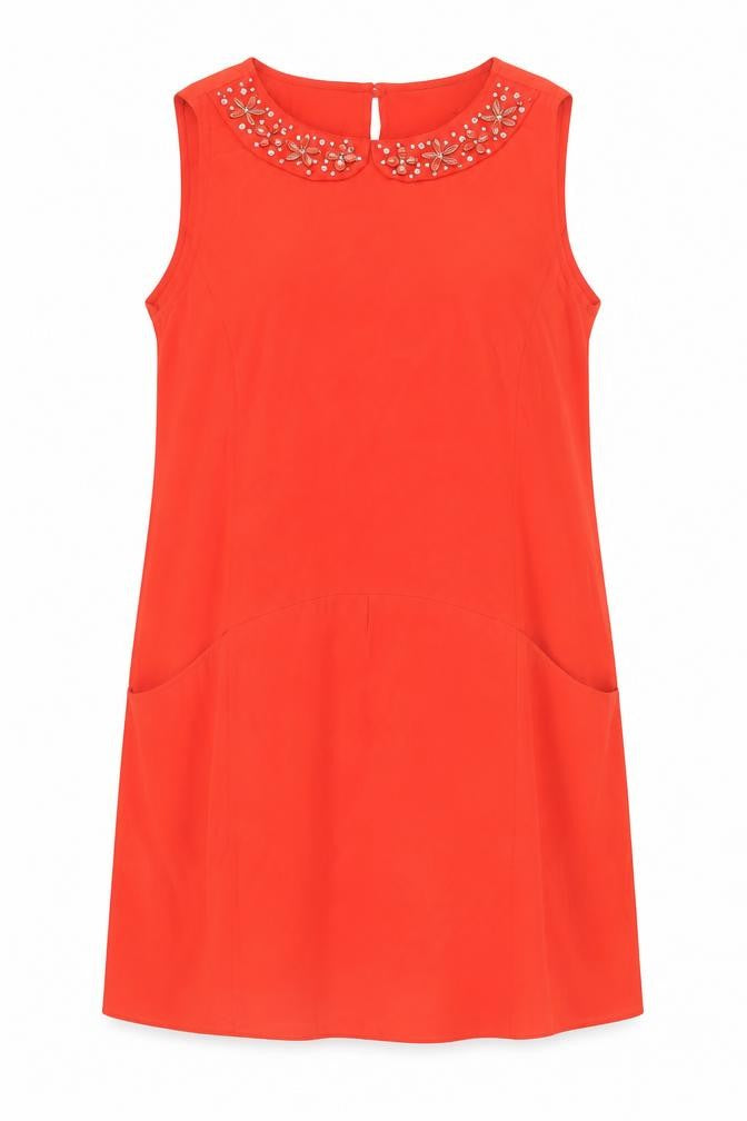F&F Women Red Beaded Collar Sleeveless Shift Dress Size 18