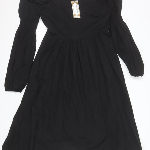 Boohoo Women Black Size 14 Cotton A-Line Puff Sleeve Dress