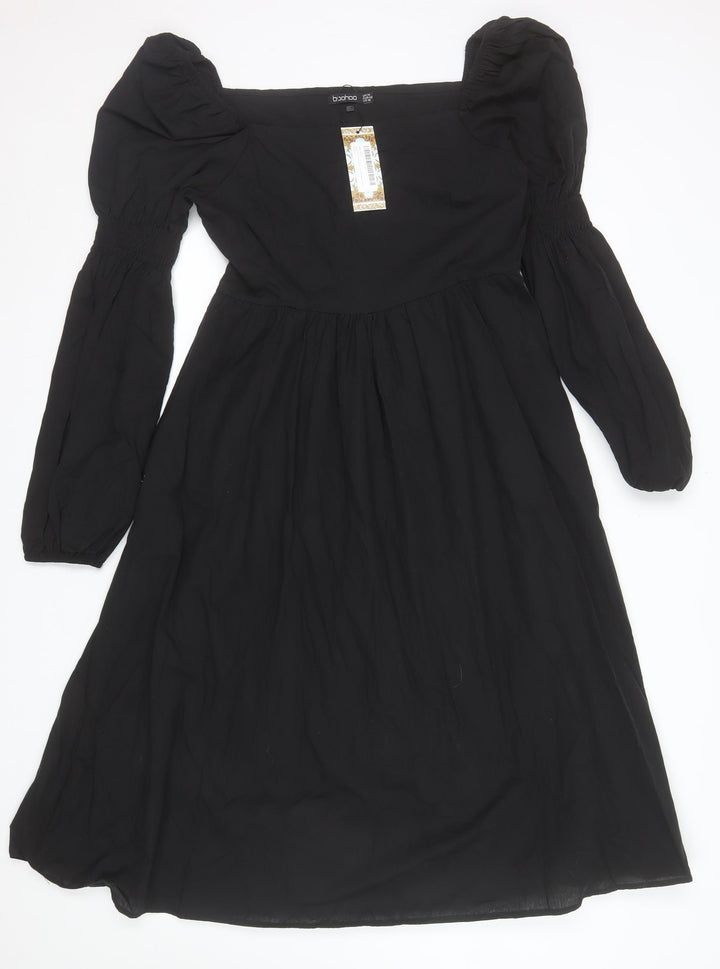 Boohoo Women Black Size 14 Cotton A-Line Puff Sleeve Dress