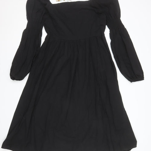 Boohoo Women Black Size 14 Cotton A-Line Puff Sleeve Dress