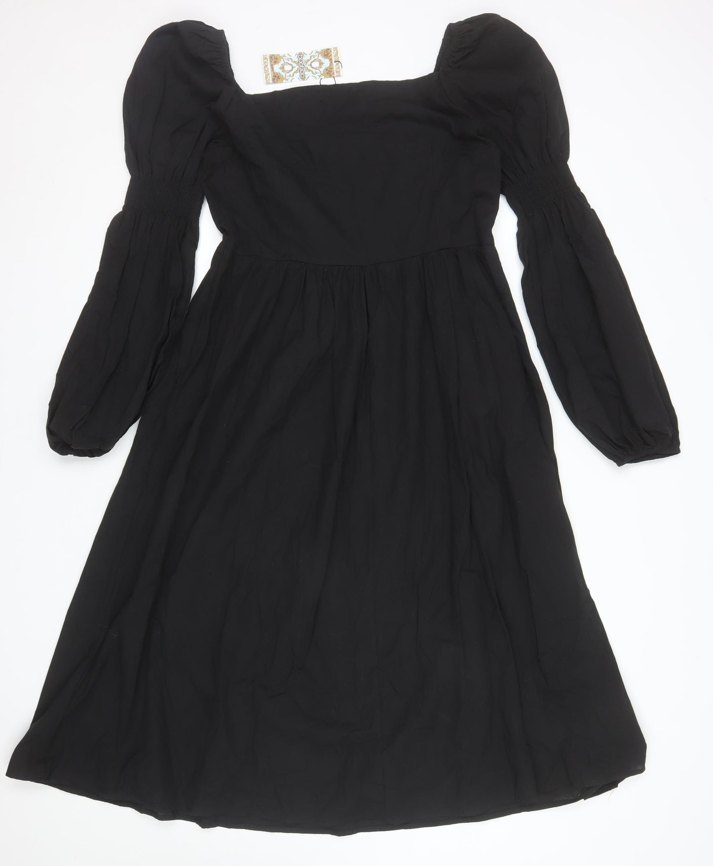 Boohoo Women Black Size 14 Cotton A-Line Puff Sleeve Dress