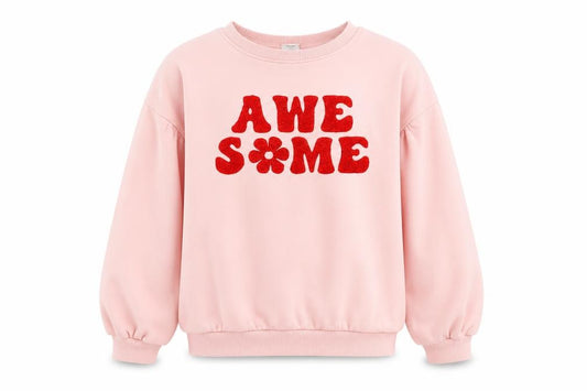 Front view of Tu Kids girls’ pink awesome fleece sweatshirt 6 years long sleeve pullover