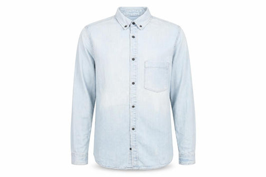 Front view of H&M Divided men’s light blue denim button-up shirt, size S, regular fit