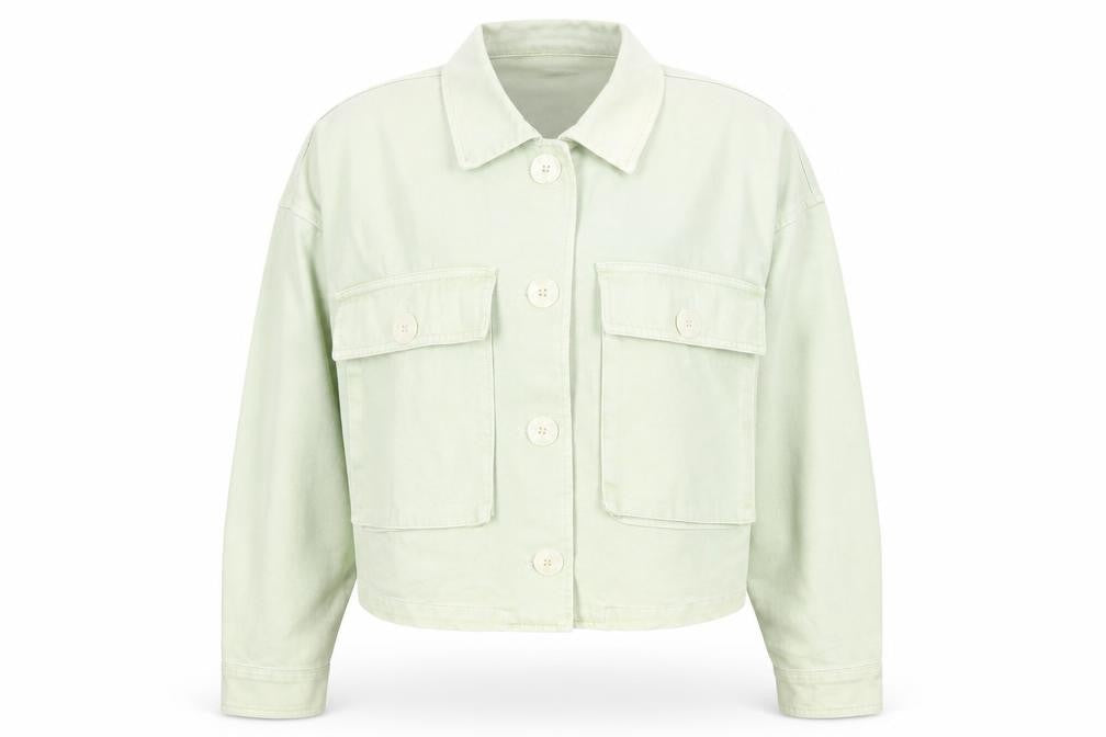 Front view of Bershka women’s green cropped cotton jacket, size UK 14, casual