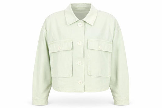 Front view of Bershka women’s green cropped cotton jacket, size UK 14, casual