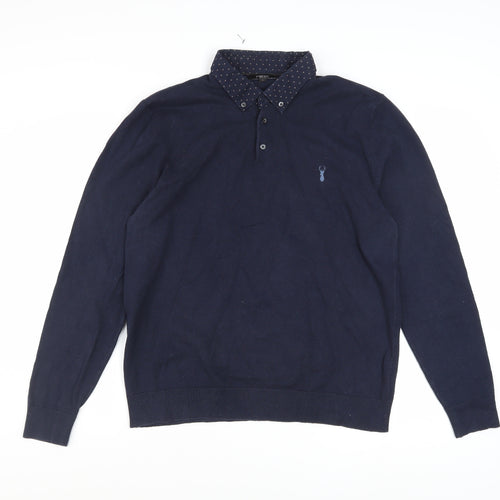 Next Men's Blue Collared Cotton Blend Pullover Jumper Size L