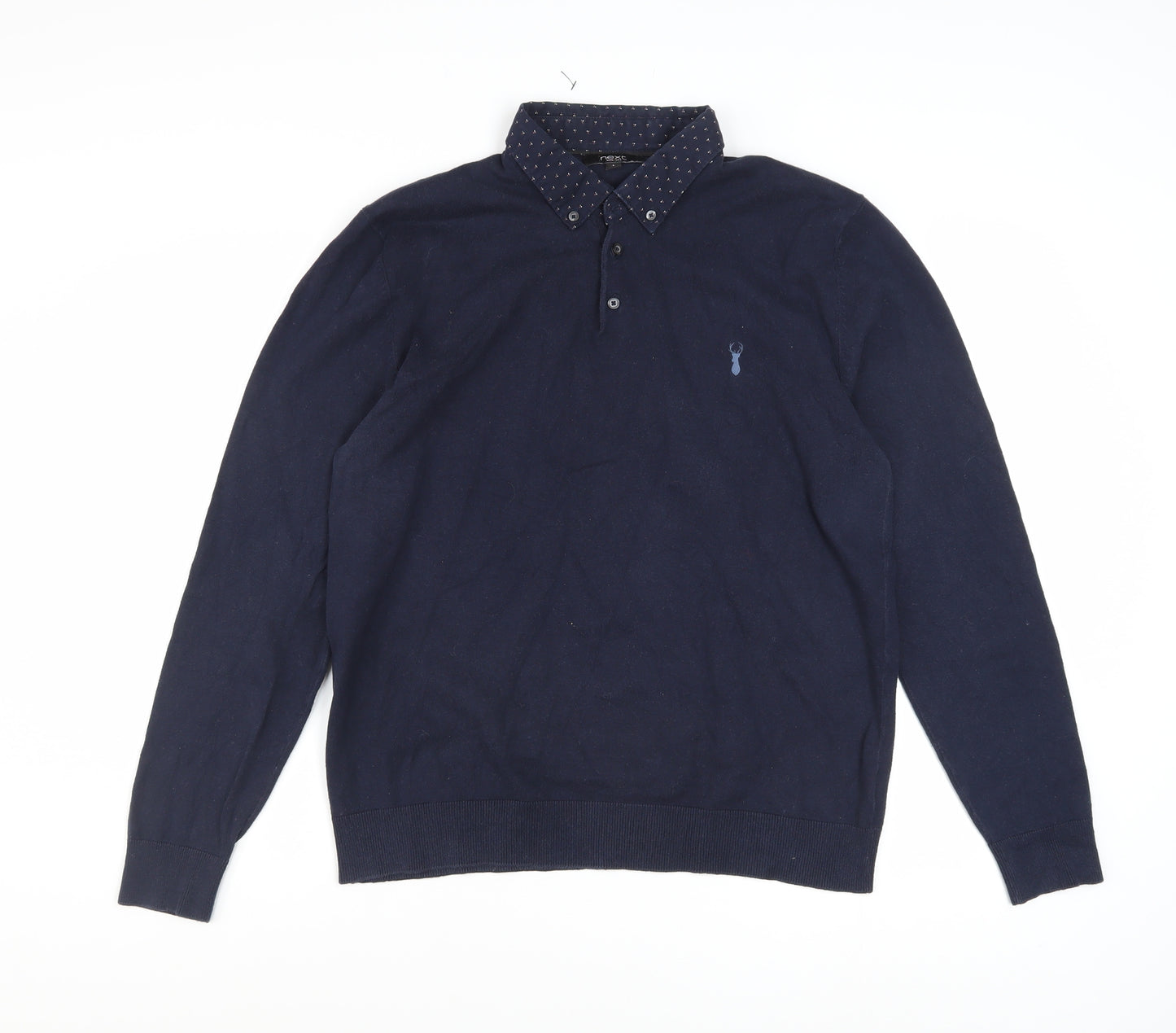 Next Men's Blue Collared Cotton Blend Pullover Jumper Size L