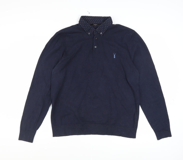 Next Men's Blue Collared Cotton Blend Pullover Jumper Size L