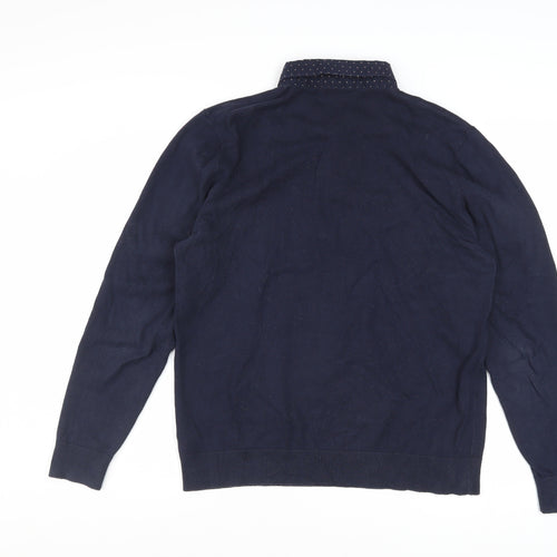 Next Men's Blue Collared Cotton Blend Pullover Jumper Size L
