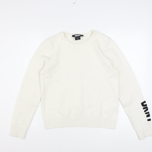 DKNY Women's Ivory Pullover Knit Jumper M Crew Neck Logo Sleeve