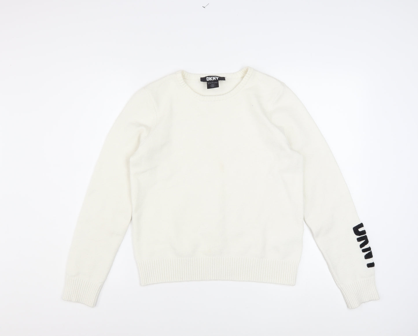 DKNY Women's Ivory Pullover Knit Jumper M Crew Neck Logo Sleeve