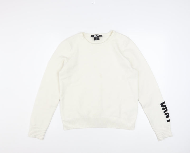 DKNY Women's Ivory Pullover Knit Jumper M Crew Neck Logo Sleeve