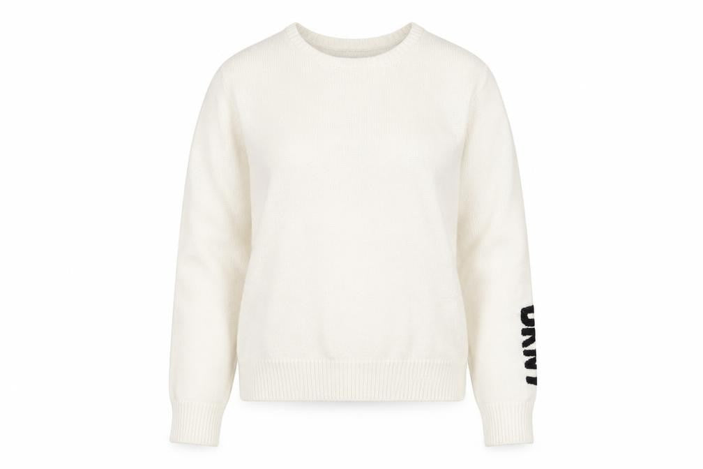 Front view of DKNY Women's Ivory Pullover Knit Jumper M Crew Neck Logo Sleeve