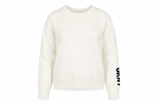 Front view of DKNY Women's Ivory Pullover Knit Jumper M Crew Neck Logo Sleeve