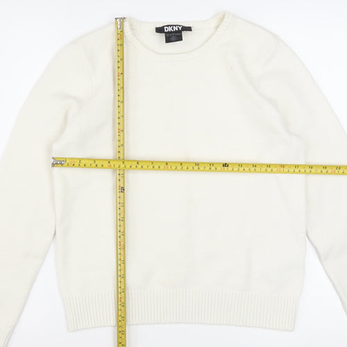 DKNY Women's Ivory Pullover Knit Jumper M Crew Neck Logo Sleeve
