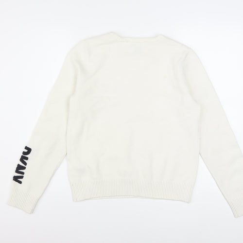 DKNY Women's Ivory Pullover Knit Jumper M Crew Neck Logo Sleeve