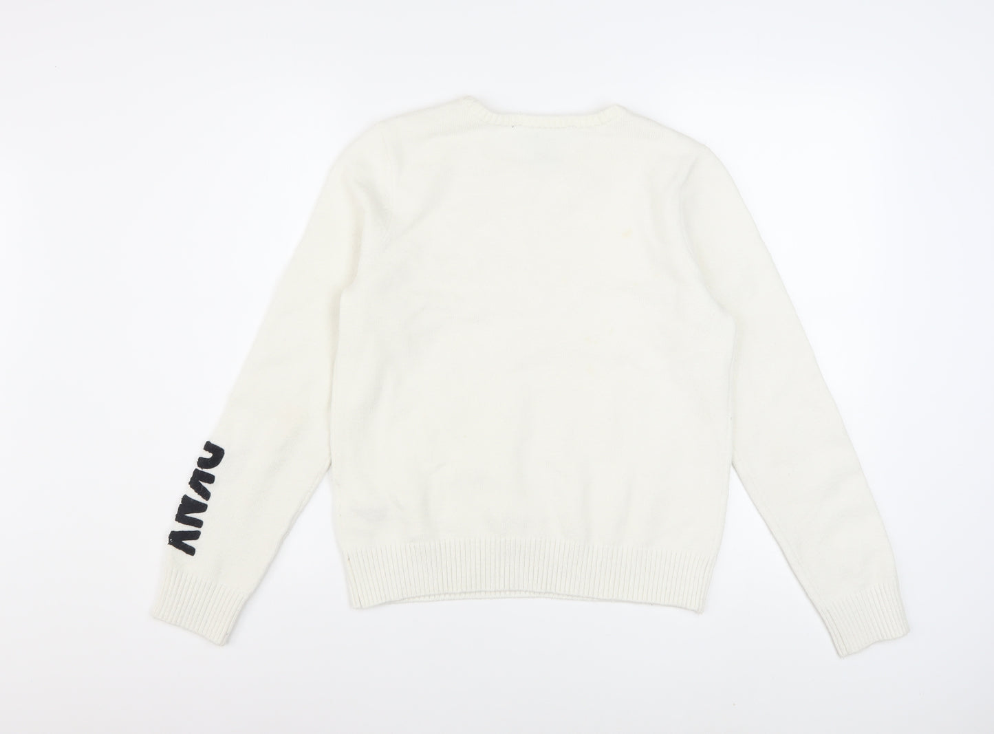 DKNY Women's Ivory Pullover Knit Jumper M Crew Neck Logo Sleeve