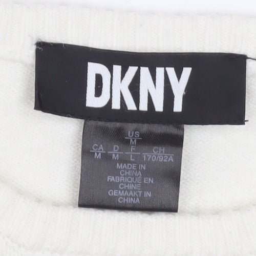 DKNY Women's Ivory Pullover Knit Jumper M Crew Neck Logo Sleeve