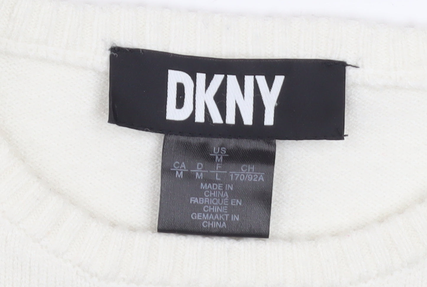 DKNY Women's Ivory Pullover Knit Jumper M Crew Neck Logo Sleeve