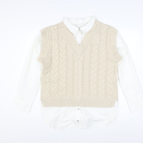 Nutmeg Women Beige Cable-Knit V-Neck Sleeveless Jumper Vest Size 10