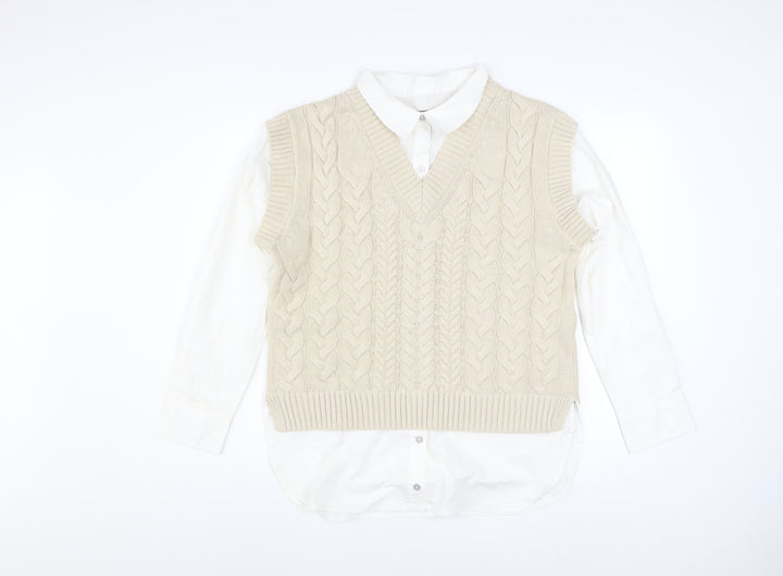 Nutmeg Women Beige Cable-Knit V-Neck Sleeveless Jumper Vest Size 10