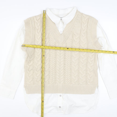 Nutmeg Women Beige Cable-Knit V-Neck Sleeveless Jumper Vest Size 10