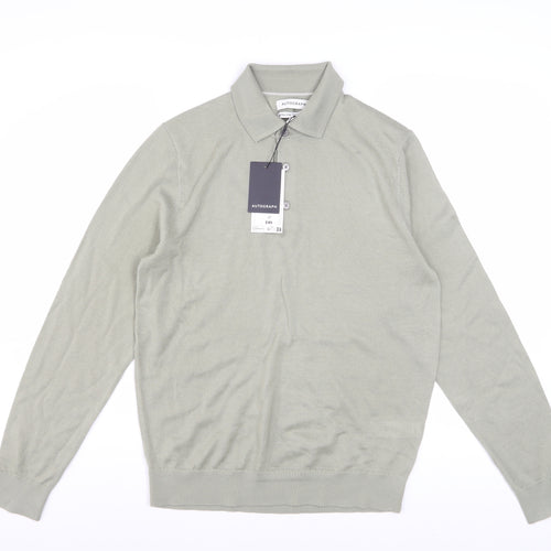 Marks and Spencer Men Light Olive Merino Wool Collared Pullover S