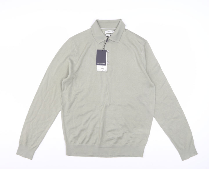 Marks and Spencer Men Light Olive Merino Wool Collared Pullover S