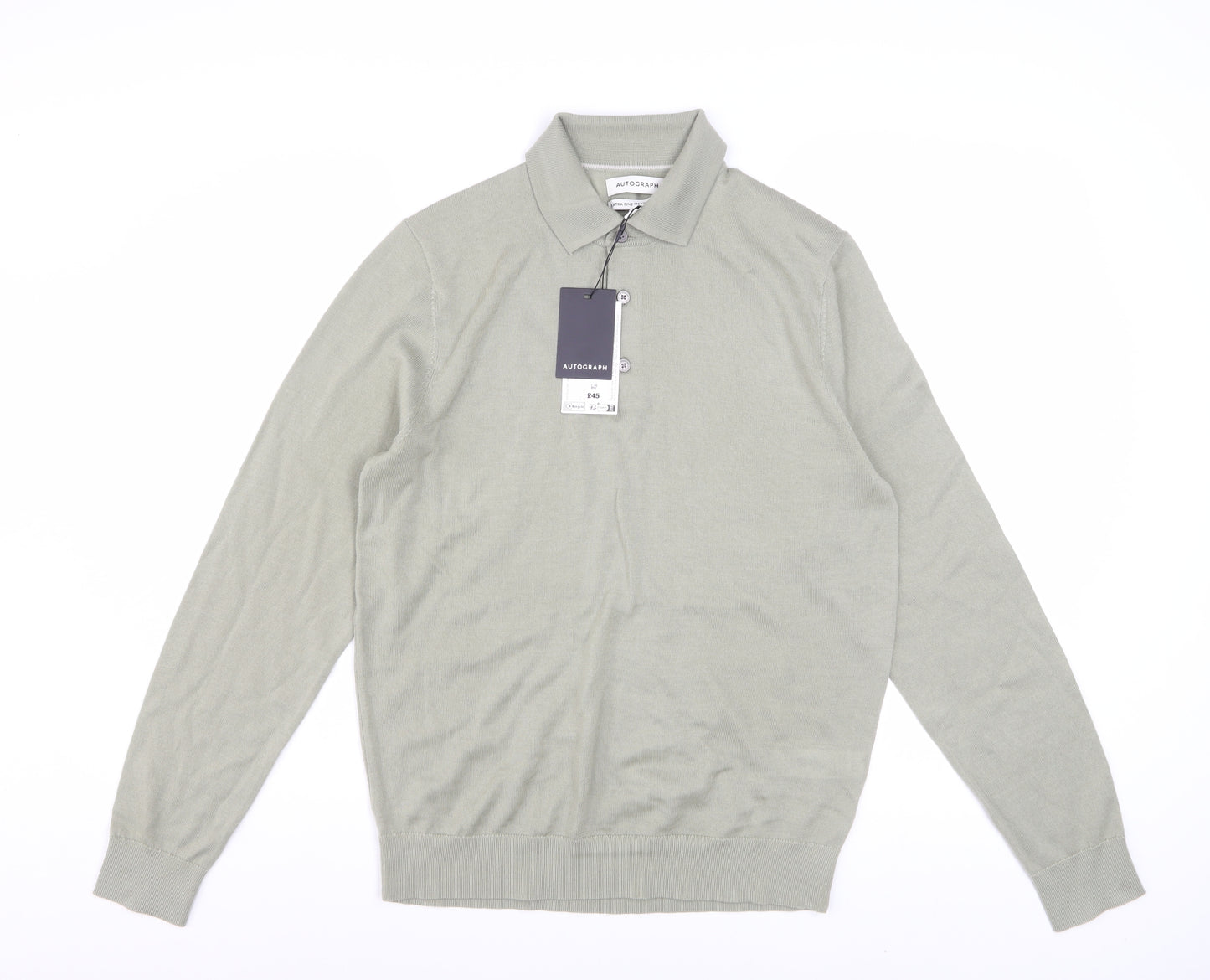 Marks and Spencer Men Light Olive Merino Wool Collared Pullover S