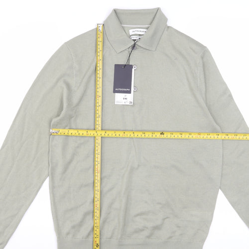 Marks and Spencer Men Light Olive Merino Wool Collared Pullover S