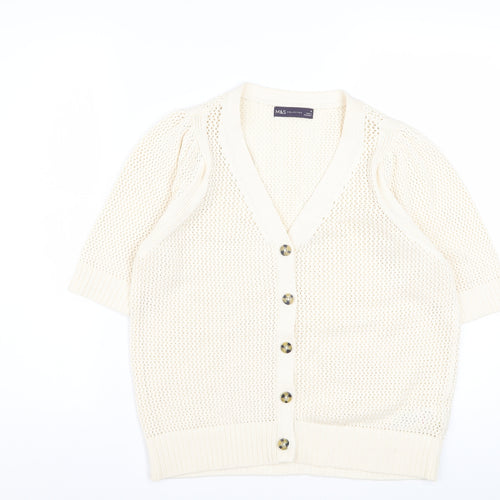 Marks and Spencer Women's Ivory Short Sleeve Open-Knit Cardigan M